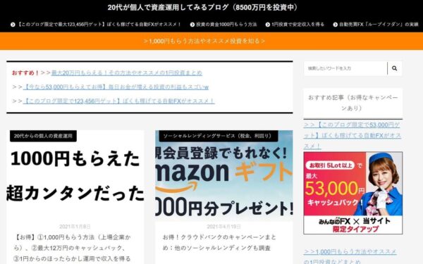 20代が個人で資産運用してみるブログのキャプチャ